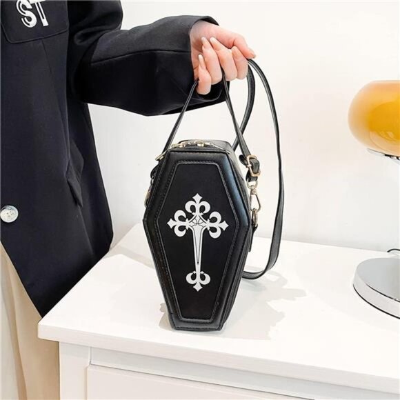 Black Gothic Coffin Faux‎ Leather Mini Crossbody Bag Purse Shoulder Phone Bag - Picture 1 of 5